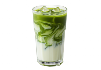 Iced beverage in a glass with green liquid and white liquid swirling together on a plain setting on transparent background