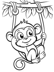 Obraz premium Cute monkey swinging on a swing in a playful jungle setting coloring page for kids activities and educational worksheets 