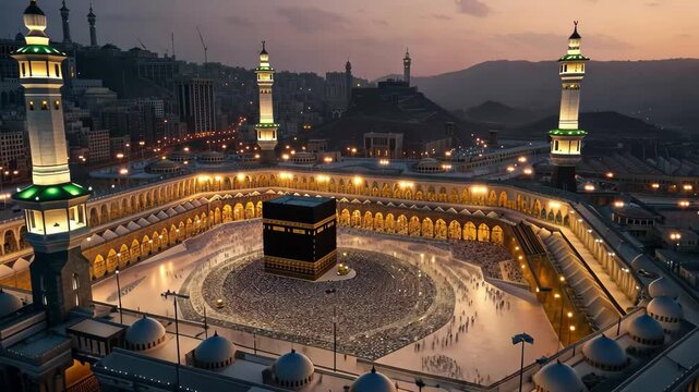 Stunning aerial view of the Kaaba and Masjid al-Haram during evening prayers in Mecca, Saudi Arabia
