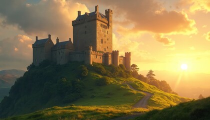 Fototapeta premium Majestic Irish castle situated on verdant green hill during golden sunset. Historic heritage site traditional architecture against backdrop of rolling hills, dramatic clouds, bathed in warm, glowing