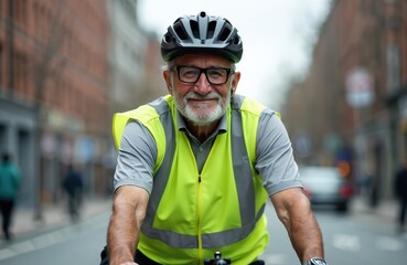 Active senior man rides bicycle in city wearing helmet, fluorescent vest for safety. Healthy lifestyle promotes urban transportation, exercise, independence. Mature adult enjoys commute, mobility,