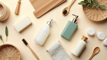 Flat lay of natural household and personal care items: soap, wood, and cotton balls on a cream background. Clean, natural, minimalist concept.
