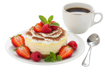 Delicious dessert with berries and a cup of coffee on a white plate next to a spoon on transparent background