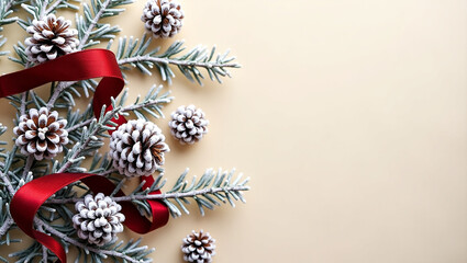 A beautiful horizontal composition of winter ornaments, featuring a cluster of pinecones covered in artificial snow.
