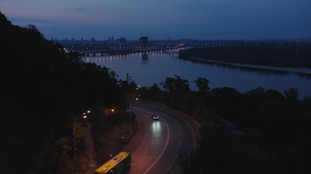 Kyiv in the evening. View of Podil, the old part of the city near the river.