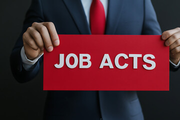 Obraz premium Job legislation announcement by a person in a suit holding a sign.