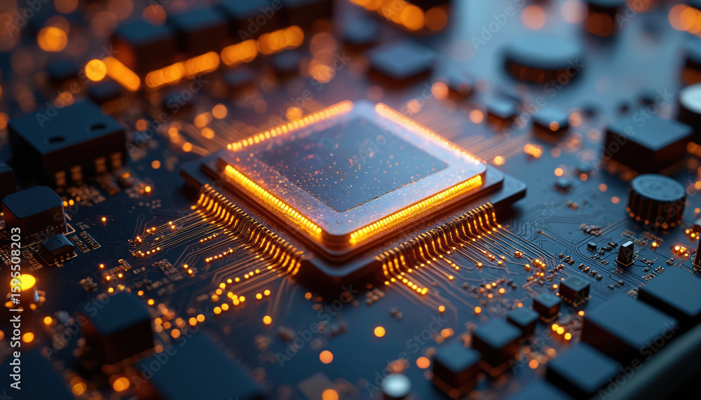 Poster close-up of holographic cpu on digital motherboard with glowing power circuits. intricate details sh