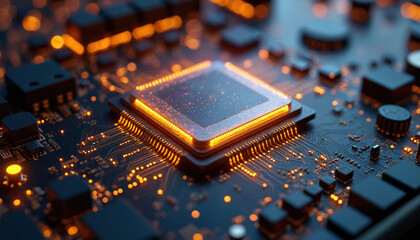 Close-up of holographic CPU on digital motherboard with glowing power circuits. Intricate details show plenty of room for logo design. Photorealistic macro shot of computer tech.