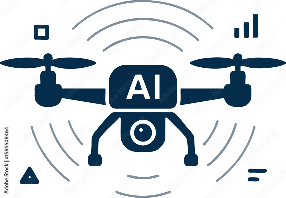 Poster flat vector ai-powered drone with radar lines and data symbols, isolated on white