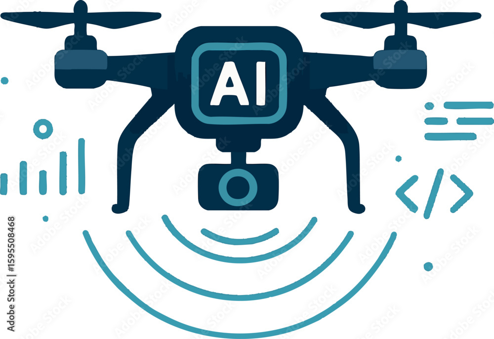 Poster flat vector ai-powered drone with radar lines and data symbols, isolated on white