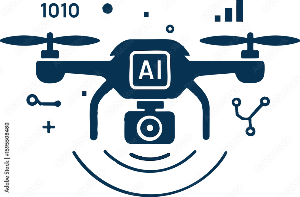 Poster flat vector ai-powered drone with radar lines and data symbols, isolated on white