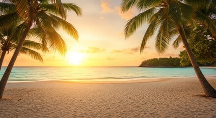 Serene Beach Scene at Sunset: The image presents a breathtaking coastal panorama, featuring golden sands meeting tranquil turquoise waters under a vibrant sunset sky.