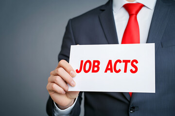 Obraz premium Professional holding sign with 'Job Acts' text. Depicts employment regulations. Legal compliance emphasized. Workforce policies. Job creation and legal.