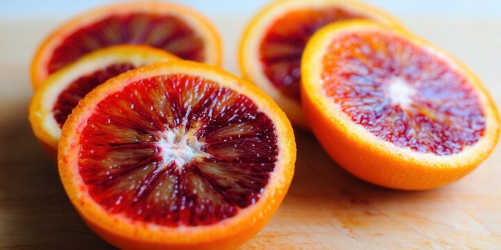 Vibrant blood orange slices showcase the juicy and healthy fruit with a bright red hue. - Powered by Adobe