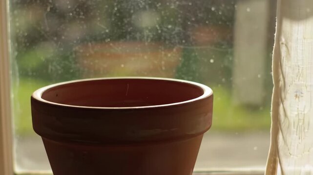Empty terracotta pot on a windowsill indoors in soft, diffused light.