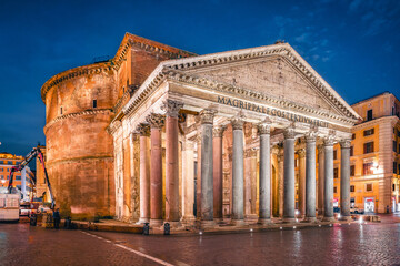 Evening view of the Roman Pantheon, an ancient structure dating back to the 1st century AD, built...