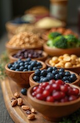 Spread of assorted healthy snacks in wooden bowls, featuring blueberries, cranberries, almonds, broccoli florets. Selection creates vibrant, nutritious buffet line, perfect for catering healthy