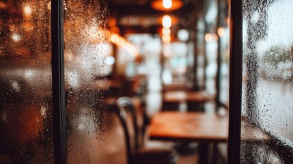 Cozy cafe interior with raindrops on glass and warm lighting atmosphere