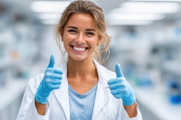 Cheerful Female Scientist in Gloves Thumbs Up