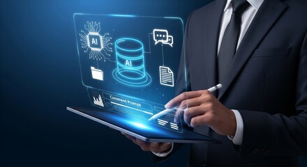 Businessman Using Futuristic AI Data Management Interface with Holographic Command Prompt on Tablet