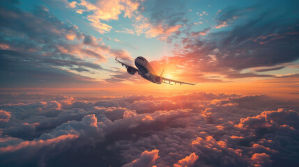 Passenger plane soaring above clouds during a golden sunrise, aerial perspective, travel, journey, vacation.
