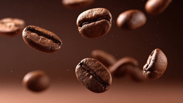 Flagrant Roasted Coffee Beans Suspended in Air with Brown Background