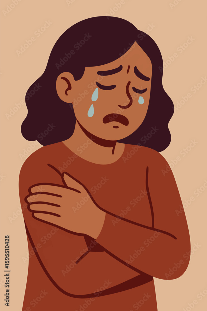 Poster flat vector character crying and holding own shoulder, showing vulnerability and acceptance