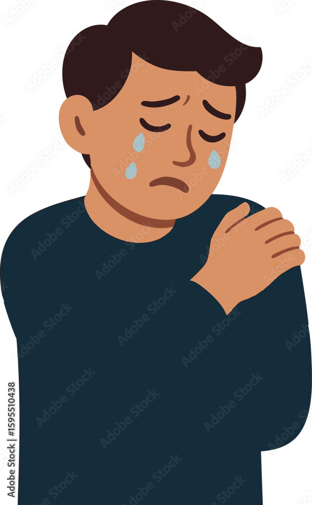 Poster flat vector character crying and holding own shoulder, showing vulnerability and acceptance