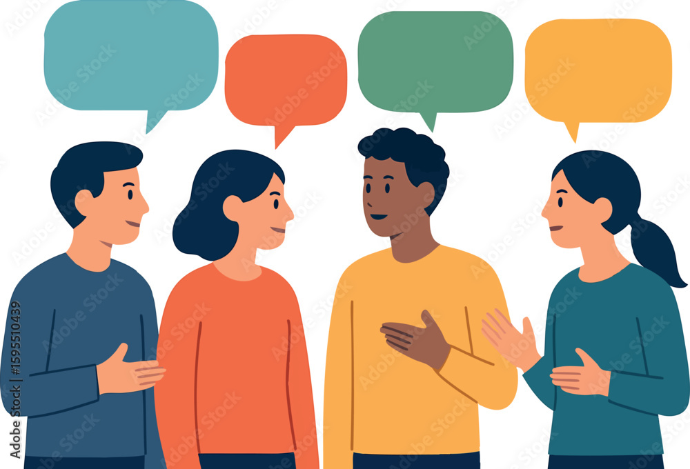 Poster flat vector character group with speech bubbles, flat style dialogue and connection, isolated on whi