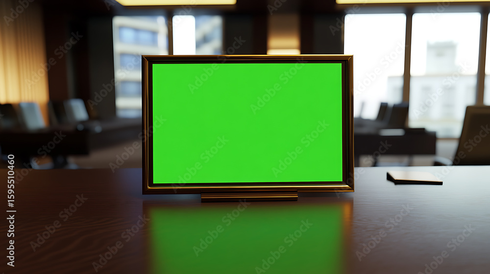 Poster frame with green screen in office setting, ready for content insertion. clean presentation backdrop.