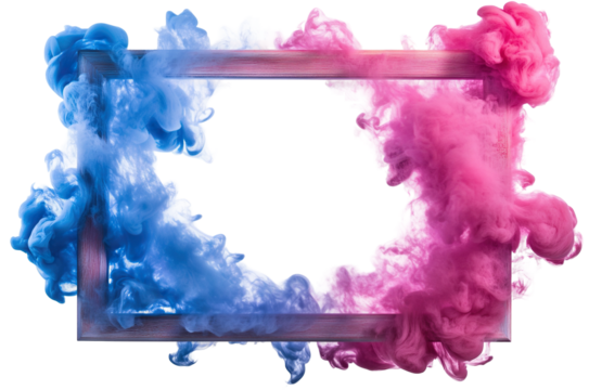 Rectangular frame with pink and blue ink smoke, isolated on transparent cutout background - Powered by Adobe