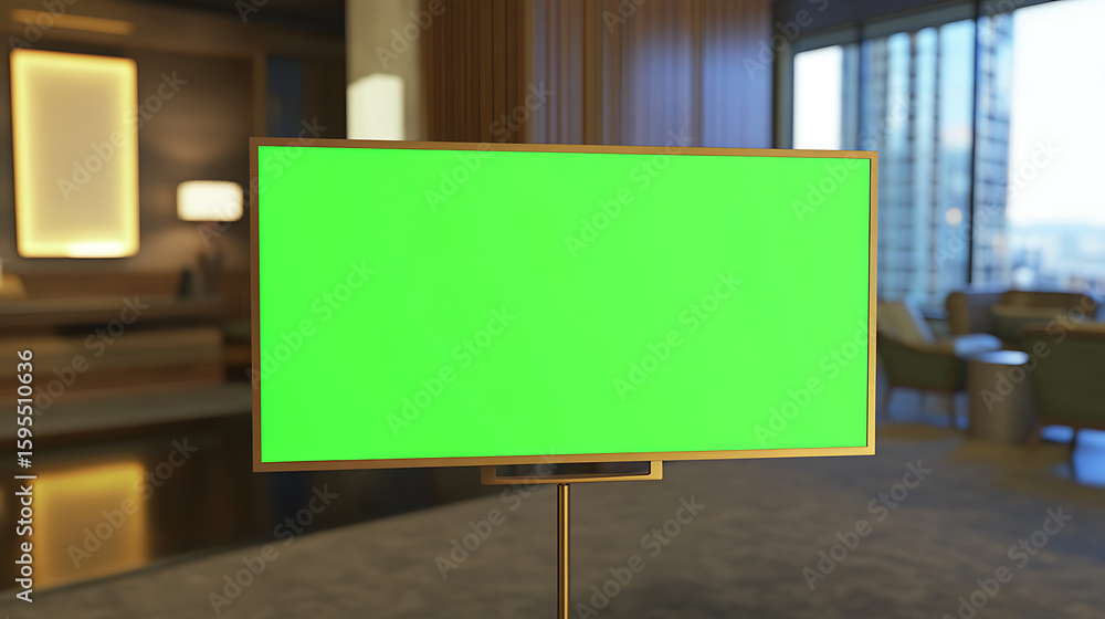Poster a large flat screen display with green screen sits in a modern lounge, perfect for branding or conte