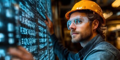 A focused engineer inspects a digital interface in a modern industrial setting.