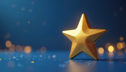 Golden star award sits on dark blue surface, sparkling with bokeh lights, confetti. Represents first place victory in computer games, top performance, employee achievement. Quality, success,