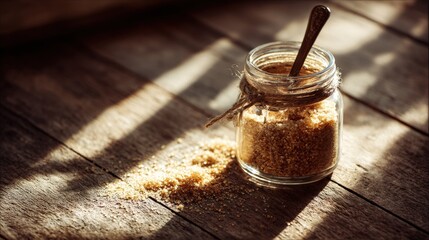 Glass Jar with Brown Sugar and Spoon on Rustic Wooden Surface