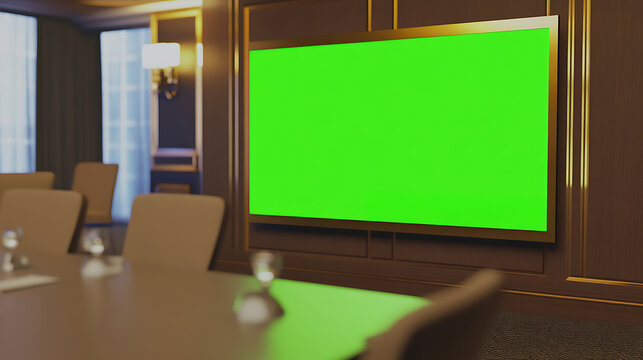 Conference Room with Chroma Screen: A professional space featuring a large green screen for presentations and meetings. Modern workspace.