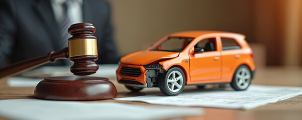 Gavel beside broken car model on documents. Lawyer drafting legal papers represents insurance claims vehicle accident resolution. Justice, liability, negotiation, settlement concept.