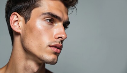 Fototapeta premium Young man portrait smooth, youthful skin, reflecting beauty, health innovations. Focus on self-care, subtle cosmetic treatments for fresh, glowing appearance. Clean studio backdrop emphasizes refined
