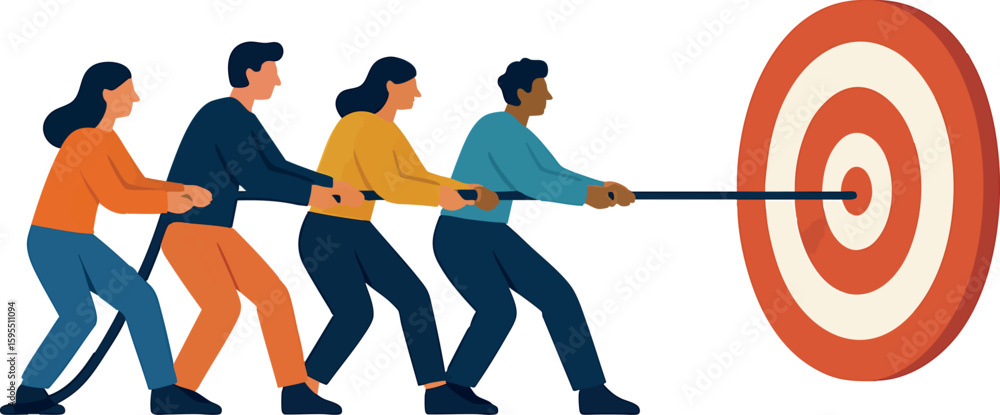 Poster flat vector characters pulling a rope together toward target, group effort concept, isolated on whit