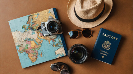 an artistically arranged collection of travel supplies