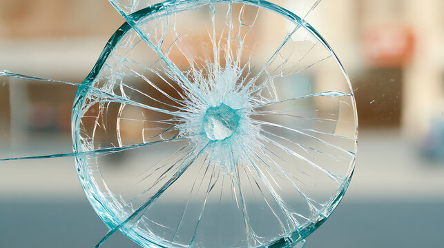 Shattered glass with radiating cracks from a central impact point. The fracture pattern suggests force applied to the transparent surface. Abstract vulnerability.