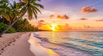 Serene tropical sunset over a pristine beach, palm trees silhouetted against vibrant sky.