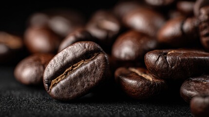 Close-Up of Rich, Dark Roast Coffee Beans on Black Background