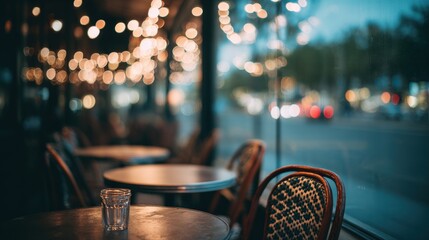 Cozy Café Ambiance with Soft Bokeh Lights and Empty Tables