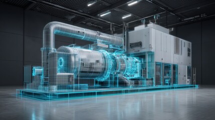 Advanced Industrial Machine with Digital Wireframe in Modern Factory Setting