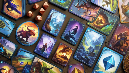 a collection of collectible card games (TCG/CCG) or board games with detailed fantasy illustrations