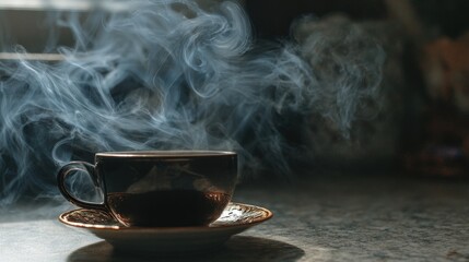 Steaming Coffee Cup on Countertop with Swirling Vapor Above