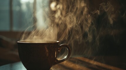 Steam Rising from Coffee Cup in Warm Indoor Setting at Sunrise