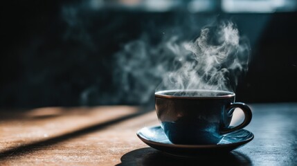 Steam Rising from a Hot Cup of Coffee on a Wooden Table Surface