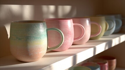 Colorful ceramic mugs on a wooden shelf lit by natural sunlight